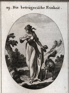 Allegorie der Finesse, die dazu neigt zu täuschen. Sie wird dargestellt mit einer Hand auf ihrer Brust und der anderen hinter ihrem Rücken, die einen Fuchs hält, das Symbol der Täuschung. Gravur in „Iconologie oder Ideen aus dem Gebiete der Leidenschaften 