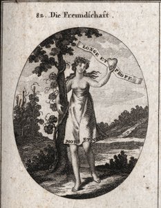Allegorie der Freundschaft. Myrten- und Granatapfelblüten auf seiner Krone sind Symbole der Liebe und Harmonie. Es zeigt ein Herz mit der Inschrift: „Longe et prope“ (Von fern und nah). Am unteren Rand seines Kleides steht „Bitches et vita“ (Tod und Leben)