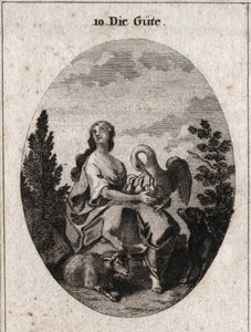 Allegorie der Güte, dargestellt durch eine edle und üppige Schönheit, die mit Liebe zum Himmel schaut. Der Pelikan symbolisiert Nächstenliebe, der Hund Treue und das Lamm Sanftmut. Gravur in „Iconologie oder Ideen aus dem Gebiete der Leidenschaften und All