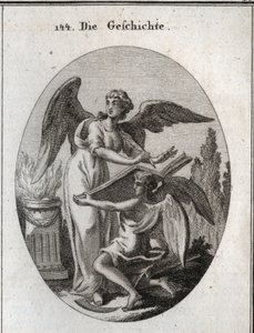 Allegorie der Geschichte. Ihre Handlungen des Zuhörens und Schreibens in einem großen Buch, das von der Zeit unterstützt wird, bedeuten die Handlung, informiert zu werden, um die Erinnerung an vergangene Dinge zu übertragen. Gravur in „Iconologie oder Idee