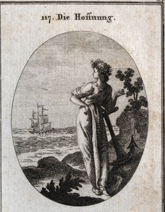 Allegorie der Hoffnung ruht auf einem Anker und beobachtet ein Schiff am Horizont. Gravur in „Iconologie oder Ideen aus dem Gebiete der Leidenschaften und Allegorien bildlich dargestellt für Zeichner, Maler, Dichter, Gelehrte, Erzieher und Freunde Höherer 