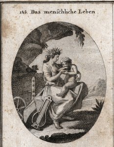Allegorie des menschlichen Lebens. Lyra und Pflug symbolisieren Vergnügen und Arbeit. Sie gibt einem Kind zu trinken, was zum Leben notwendig ist. Gravur in „Iconologie oder Ideen aus dem Gebiete der Leidenschaften und Allegorien bildlich dargestellt für Z von Austrian School