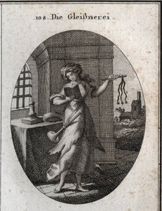 Allegorie der Heuchelei, die ein Gebetbuch und eine Disziplin (Geißel, Peitsche) hält. Die Trompete, die sie auf ihrer Schulter hat, zeigt, dass sie ihre guten Werke mit Nachdruck veröffentlicht. Gravur in „Iconologie oder Ideen aus dem Gebiete der Leidens von Austrian School