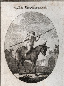 Allegorie der Unwissenheit, dargestellt durch ein Kind, das auf einem Esel reitet, seine Augen sind mit einem Schilfrohrstreifen verbunden (Symbol des leeren Gehirns). Gravur in "Iconologie oder Ideen aus dem Gebiete der Leidenschaften und Allegorien bildl von Austrian School