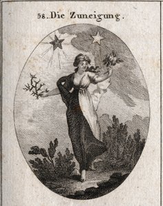 Allegorie der Neigung. Sie hält einen Strauß Rosen und einen Strauß Dornen und sieht unentschlossen in ihrer Wahl aus. Hinter ihr ein heller und wohltuender Stern (der von Jupiter) und ein dunkler und schädlicher Stern (der von Saturn). Gravur in „Iconolog
