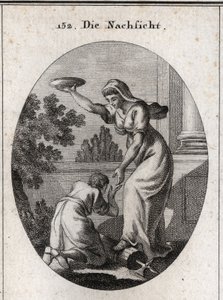 Allegorie der Nachsicht. Sie tritt die Rutenbündel und die Axt, die die Liktoren bei den Römern trugen, unter ihre Füße. Sie hält einen erhobenen Mantel und reicht einem Sklaven die Hand, der sich zu ihren Füßen niederwirft. Gravur in „Iconologie oder Idee von Austrian School