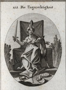 Allegorie der Ungerechtigkeit. Sie hält ein Schwert, das sie erhebt, und zertritt zu ihren Füßen die Tafeln der göttlichen Gesetze und das Buch der menschlichen Stimmen sowie die zerbrochenen Waagen der Gerechtigkeit. Der Wolf ist das Symbol für Grausamkei von Austrian School