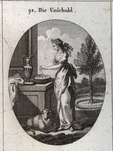 Allegorie der Unschuld, gekrönt mit einer Palme, um zu zeigen, dass die Zeit sie über die Verleumdung triumphieren lässt, die sie unterdrücken will. Ihr Symbol ist das Lamm. Händewaschen dient dazu, sich öffentlich von falschen Anschuldigungen zu entlasten von Austrian School