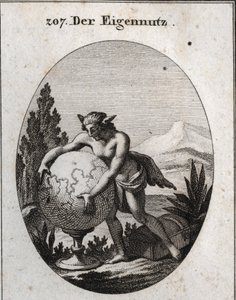 Allegorie des Interesses mit Wolfspelz. Er drückt eine Kugel. Dieses Emblem bedeutet, dass Gier das Eigene der Interessierten ist. Gravur in „Iconologie oder Ideen aus dem Gebiete der Leidenschaften und Allegorien bildlich dargestellt für Zeichner, Maler, 