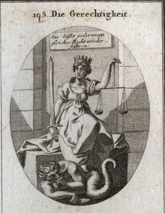 Allegorie der Gerechtigkeit. Ihre Attribute sind Waage und Schwert. Sie sitzt in einem Gerichtssaal und trägt eine goldene Krone auf dem Kopf. Unter ihren Füßen nagt der Betrug, der Angst hat, entdeckt zu werden, an seinen Fäusten. Gravur in „Iconologie od