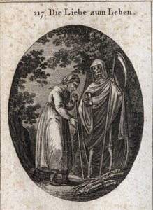 Allegorie der Lebensliebe. Eine alte Frau ruft den Tod, um ihr zu helfen, ihre Holzscheite auf den Kopf zu legen. Gravur in „Iconologie oder Ideen aus dem Gebiete der Leidenschaften und Allegorien bildlich dargestellt für Zeichner, Maler, Dichter, Gelehrte von Austrian School