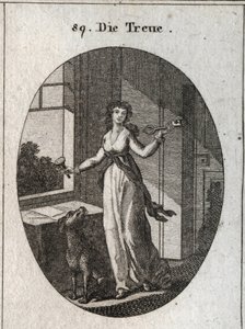 Allegorie der Treue, deren Symbole der Schlüssel, das Siegel und der Hund sind. Gravur in „Iconologie oder Ideen aus dem Gebiete der Leidenschaften und Allegorien bildlich dargestellt für Zeichner, Maler, Dichter, Gelehrte, Erzieher und Freunde Höherer Ges