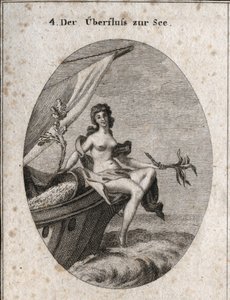 Allegorie des maritimen Überflusses, dargestellt durch Ceres, die auf dem Bug eines Schiffes sitzt. Sie hält einen Hanfbouquet, einen Ast mit Seidenraupenkokons. Sie lehnt sich an Getreide, das im Boot zurückhängt. Gravur in "Iconologie oder Ideen aus dem 