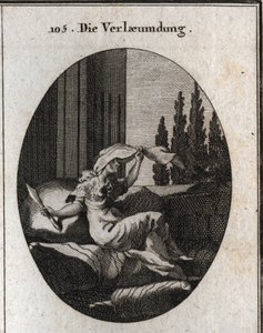 Allegorie der Verleumdung, dargestellt durch eine träge und weiche alte Frau, die auf Kissen sitzt. Der Schleier zeigt, dass sie sich versteckt, ihre Zunge ist gespalten und sie hält ein zweischneidiges Messer. Ihr kleiner Mantel besteht aus Igelhaut, bese von Austrian School