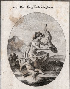 Allegorie des Unglücks, dargestellt mager und umfangreich. Ihre Attribute sind ein Füllhorn, das sie schüttelt und das leer ist, und ein Kind, das vor Hunger stirbt. Gravur in „Iconologie oder Ideen aus dem Gebiete der Leidenschaften und Allegorien bildlic von Austrian School