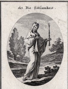 Allegorie der Bescheidenheit. Sie hält ein Zepter, über dem ein Auge ist, das bedeutet, dass Bescheidenheit weitsichtig über sich selbst sein muss. Gravur in „Iconologie oder Ideen aus dem Gebiete der Leidenschaften und Allegorien bildlich dargestellt für  von Austrian School