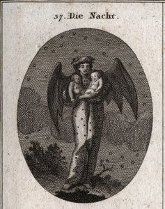 Allegorie der Nacht, dargestellt mit Fledermausflügeln. Sie hält zwei schlafende Kinder, eines weiß und das andere schwarz (Traum und Albtraum). Gravur in „Iconologie oder Ideen aus dem Gebiete der Leidenschaften und Allegorien bildlich dargestellt für Zei von Austrian School