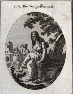 Allegorie des Vergessens. Sie hält eine Alraunpflanze, ein starkes Narkotikum. Der Luchs ist das dem Bacchus geweihte Tier. Gravur in "Iconologie oder Ideen aus dem Gebiete der Leidenschaften und Allegorien bildlich dargestellt für Zeichner, Maler, Dichter