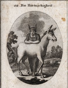 Allegorie der Hartnäckigkeit, die sich auf ein Maultier stützt. Die Eselsohren auf seinem Kopf sind das Emblem der Ignoranz und Sturheit. Der Dampf um seinen Kopf bedeutet, dass sein Verstand verdunkelt ist. Gravur in "Iconologie oder Ideen aus dem Gebiete