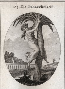 Allegorie der Beharrlichkeit. Die Palme, an die ein junges Mädchen gebunden ist, ist das Symbol der Tugend. Sie schaut mit Verachtung auf die Erde. Gravur in „Iconologie oder Ideen aus dem Gebiete der Leidenschaften und Allegorien bildlich dargestellt für  von Austrian School