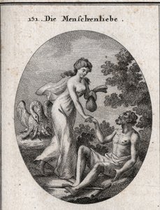 Allegorie der Philanthropie. Sie hält ein Stipendium und kommt, um einem armen Mann zu helfen, dem sie die Hand reicht. Ihr Attribut ist ein Pelikan, der seine Brust öffnet, um seine Jungen zu füttern. Gravur in „Iconologie oder Ideen aus dem Gebiete der L von Austrian School