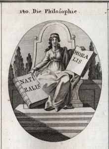 Allegorie der Philosophie, die auf einem Marmorthron über mehreren Stufen sitzt. Sie hat ein goldenes Diadem auf der Stirn und hält zwei offene Bücher „Naturalis“ (Natur) und „Moralis“ (Moral). Gravur in „Iconologie oder Ideen aus dem Gebiete der Leidensch von Austrian School