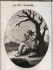 Allegorie der Armut, die am Fuß eines trockenen Baumes sitzt, der in kargem Gelände wächst. Ihre Füße und Hände sind gefesselt und sie versucht, ihre Fesseln mit den Zähnen zu lösen. Gravur in „Iconologie oder Ideen aus dem Gebiete der Leidenschaften und A