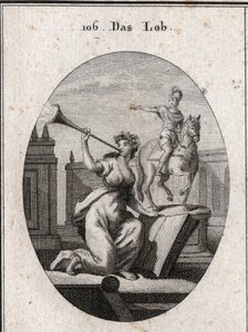 Allegorie des Lobes, die ein Buch hält, um zu zeigen, dass es durch die Hilfe der Schriften die Nachwelt überdauert. Sie bläst eine Trompete, aus der der Glanz des Ruhms hervorgeht. Die Reiterstatue ist da, um die Helden zu loben. Gravur in „Iconologie ode