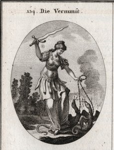Allegorie der Vernunft, sie hält ein flammendes Schwert, mit dem sie die Laster bedroht, die durch Schlangen dargestellt werden, die sie in Ketten hält. Gravur in „Iconologie oder Ideen aus dem Gebiete der Leidenschaften und Allegorien bildlich dargestellt