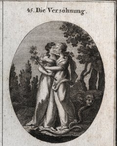 Allegorie der Versöhnung, gekennzeichnet durch zwei Frauen, die sich küssen. Eine hält einen Olivenzweig, Symbol des Friedens, und die andere tritt eine Schlange mit menschlichen Gesichtern, Emblem des Betrugs und der Bosheit, unter ihre Füße. Gravur in „I von Austrian School