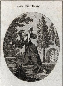 Allegorie des Bedauerns, dargestellt mit einem Knie auf einem Grab. Sie hält in einer Hand ein Taschentuch und in der anderen einen Stein, mit dem sie ihre Brust schlägt. Gravur in „Iconologie oder Ideen aus dem Gebiete der Leidenschaften und Allegorien bi von Austrian School
