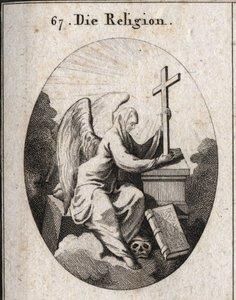 Allegorie der Religion. Ein weißer Schleier bedeckt ihren Kopf, um anzuzeigen, dass Geheimnisse undurchdringlich sind. Sie sitzt auf einem Eckstein und hält ein strahlendes Kreuz auf einem Altar, an dessen Fuß das Buch der 4 Evangelien liegt. Ihr Fuß auf d
