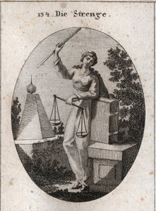 Allegorie der Strenge, dargestellt unter einem Aspekt der Wildheit, die mit der rechten Hand eine Eisenstange hält und sich mit der linken auf das Gesetzbuch stützt. In derselben Hand hält sie eine Waage, von der eine Seite die andere überwiegt. Gravur in  von Austrian School