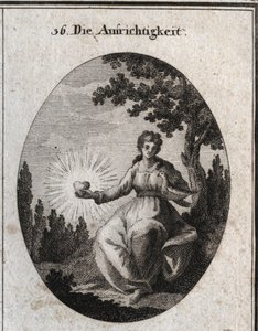 Allegorie der Aufrichtigkeit, die eine Taube an ihre Brust hält und ein strahlendes Herz präsentiert. Gravur in „Iconologie oder Ideen aus dem Gebiete der Leidenschaften und Allegorien bildlich dargestellt für Zeichner, Maler, Dichter, Gelehrte, Erzieher u