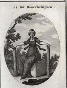 Allegorie der Stabilität, die auf einem Marmorkubus sitzt, mit zwei Lotpflanzen im Boden. Gravur in „Iconologie oder Ideen aus dem Gebiete der Leidenschaften und Allegorien bildlich dargestellt für Zeichner, Maler, Dichter, Gelehrte, Erzieher und Freunde H von Austrian School