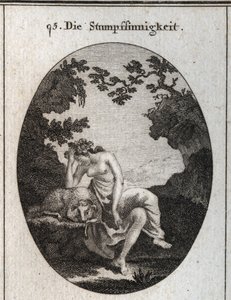 Allegorie der Dummheit. Sie lehnt sich an ein Schaf, ein von Natur aus dummes Tier. Gravur in „Iconologie oder Ideen aus dem Gebiete der Leidenschaften und Allegorien bildlich dargestellt für Zeichner, Maler, Dichter, Gelehrte, Erzieher und Freunde Höherer