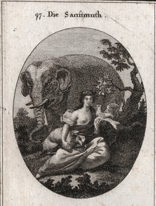 Allegorie der Sanftmut oder Mansuetude, Krone aus Olivenbäumen als Symbol des Friedens. Sein Attribut ist der Elefant, der die Güte des Herzens darstellt, das Lamm Symbol der Mansuetude und die Taube, Emblem der Sanftmut. Gravur in „Iconologie oder Ideen von Austrian School