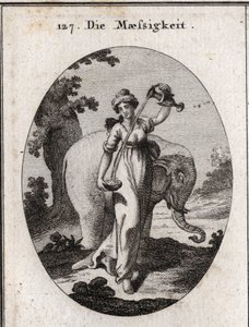 Allegorie der Mäßigung. Ihre Attribute sind Wasser und Weinmischungen sowie der Elefant, ein Tier, das immer die gleiche Menge Nahrung ohne Übermaß isst. Gravur in „Iconologie oder Ideen aus dem Gebiete der Leidenschaften und Allegorien bildlich dargestell