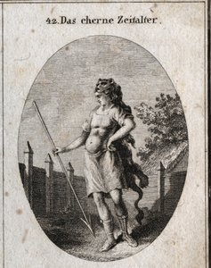 Allegorie des Kupferzeitalters, dargestellt als Wächter in stolzer Haltung nahe einem Zaun, bewaffnet mit einem Brustpanzer und einem Speer und einer Löwenhautkappe. Gravur in „Iconologie oder Ideen aus dem Gebiete der Leidenschaften und Allegorien bildlic
