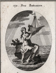 Allegorie des Vertrauens, dargestellt durch eine Frau, die auf einem Platz inmitten des Meeres sitzt und in ihrer Hand ein Schiff hält, das sie hochhebt. Gravur in „Iconologie oder Ideen aus dem Gebiete der Leidenschaften und Allegorien bildlich dargestell