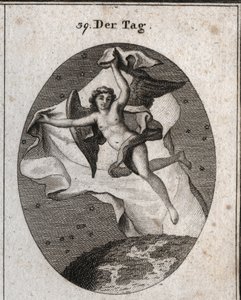 Allegorie des Tages, der schnell fliegt und die Nacht und die Sterne mit einem hellen großen Schleier verbirgt. Gravur in „Iconologie oder Ideen aus dem Gebiete der Leidenschaften und Allegorien bildlich dargestellt für Zeichner, Maler, Dichter, Gelehrte,  von Austrian School