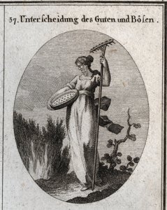 Allegorie der Unterscheidung zwischen Gut und Böse. Das Sieb trennt das gute Korn von der Spreu und der Rechen wird verwendet, um Unkraut zu entfernen. Gravur in „Iconologie oder Ideen aus dem Gebiete der Leidenschaften und Allegorien bildlich dargestellt 