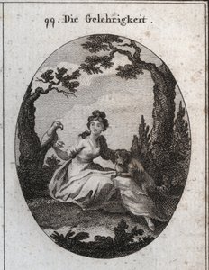 Allegorie der Fügsamkeit. Ihre Attribute sind der Sittich und der kleine Hund wegen ihrer Gehorsamkeit und ihres Wunsches zu gefallen. Gravur in "Iconologie oder Ideen aus dem Gebiete der Leidenschaften und Allegorien bildlich dargestellt für Zeichner, Mal von Austrian School