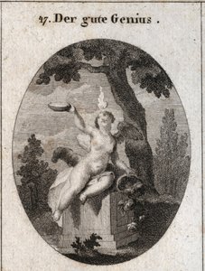 Allegorie des günstigen Genies unter der Figur eines geflügelten Kindes mit einer kleinen Flamme auf dem Kopf, sitzend auf einem Altar im Schatten einer Platane. Das Füllhorn bedeutet, dass es die Menschen mit seinen Gunstbeweisen erfüllt. Der Vater ist ei von Austrian School
