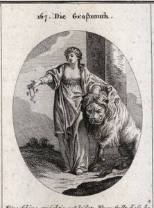 Allegorie der Großzügigkeit mit einer goldenen Krone auf dem Kopf und entblößter Brust, die die Adel der Gefühle und die Aufrichtigkeit des Herzens bezeichnet. Sie präsentiert Schmuck und Gold in einer Hand und die andere ruht auf einem friedlich zu ihren  von Austrian School