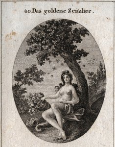 Allegorie des goldenen Zeitalters, dargestellt mit einem Füllhorn voller Früchte, sitzend neben einem Olivenbaum, Symbol des Friedens, in dessen Mitte ein Bienenschwarm ist. Gravur in „Iconologie oder Ideen aus dem Gebiete der Leidenschaften und Allegorien