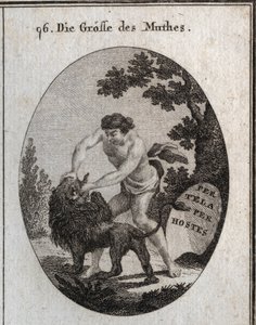 Allegorie der Größe des Mutes, dargestellt durch einen robusten Mann, der das Maul eines Löwen öffnet, um ihm die Zunge herauszureißen. Sein Attribut ist ein Schild, auf dem „Per tela, per hostes“ (Durch Waffen, durch den Feind) steht. Gravur in „Iconologi von Austrian School