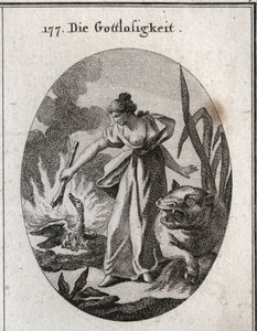 Allegorie der Gottlosigkeit, die eine Fackel hält, mit der sie einen Pelikan in seinem Nest mit seinen Jungen verbrennt. Ihr Attribut ist das Nilpferd. Gravur in „Iconologie oder Ideen aus dem Gebiete der Leidenschaften und Allegorien bildlich dargestellt  von Austrian School