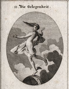 Allegorie der Gelegenheit. Mit Flügeln an den Füßen und nach vorne gerichtetem Haar ruht sie leicht auf einem Rad. Gravur in „Iconologie oder Ideen aus dem Gebiete der Leidenschaften und Allegorien bildlich dargestellt für Zeichner, Maler, Dichter, Gelehrt