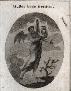 Allegorie des gegensätzlichen Geistes, dargestellt durch einen bösen Geist mit Fledermausflügeln und einer Eule, dem Vogel des schlechten Omen. Gravur in "Iconologie oder Ideen aus dem Gebiete der Leidenschaften und Allegorien bildlich dargestellt für Zeic von Austrian School